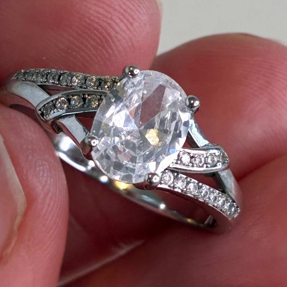 Vintage Ring Oval Cut Clear Stone Pavé Split Shank Silver Tone Size 10